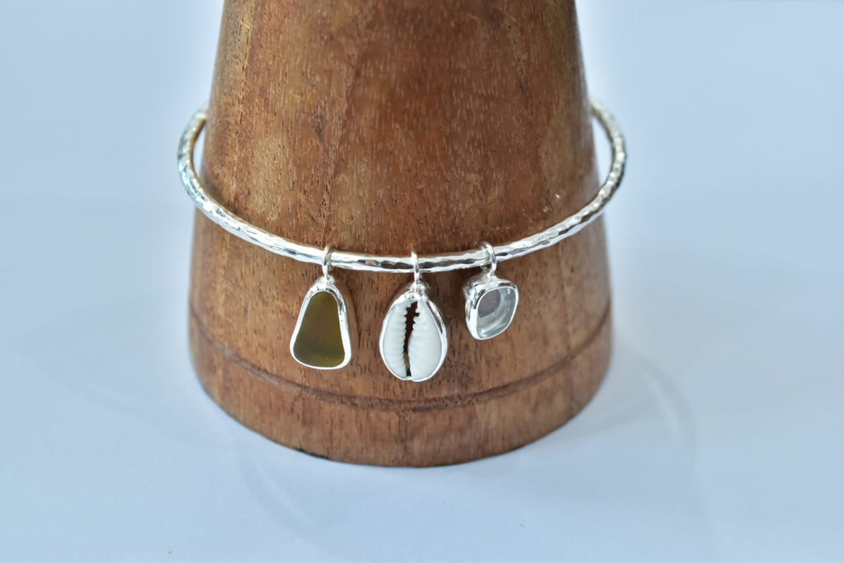 Seaglass Brown, Cowrie, Aquamarine Bracelet .925 Sterling Silver