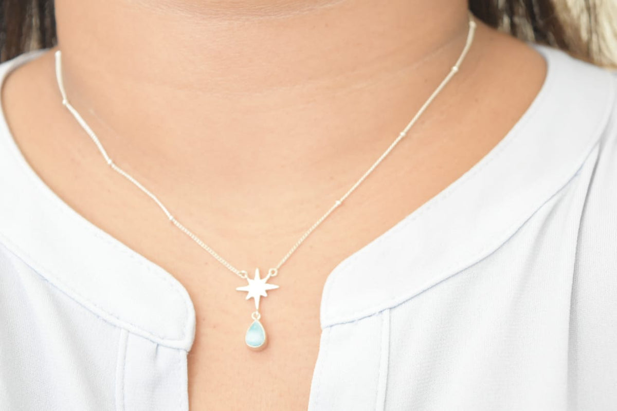 Plain Shine & Tear Drop Larimar Necklace .925 Sterling Silver