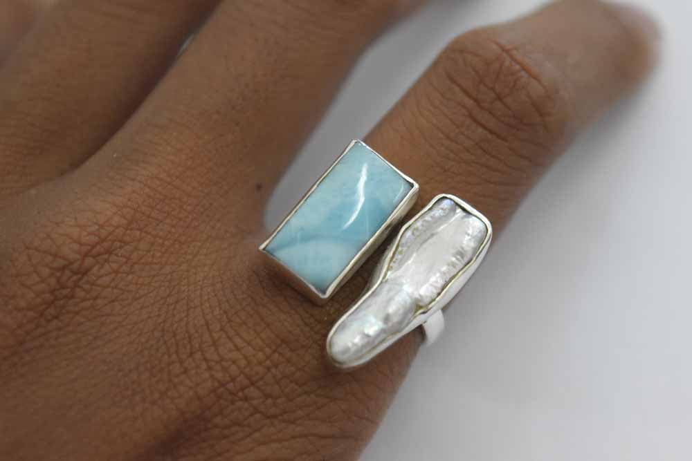 Larimar + Freshwater Pearl Ring .925 Sterling Silver