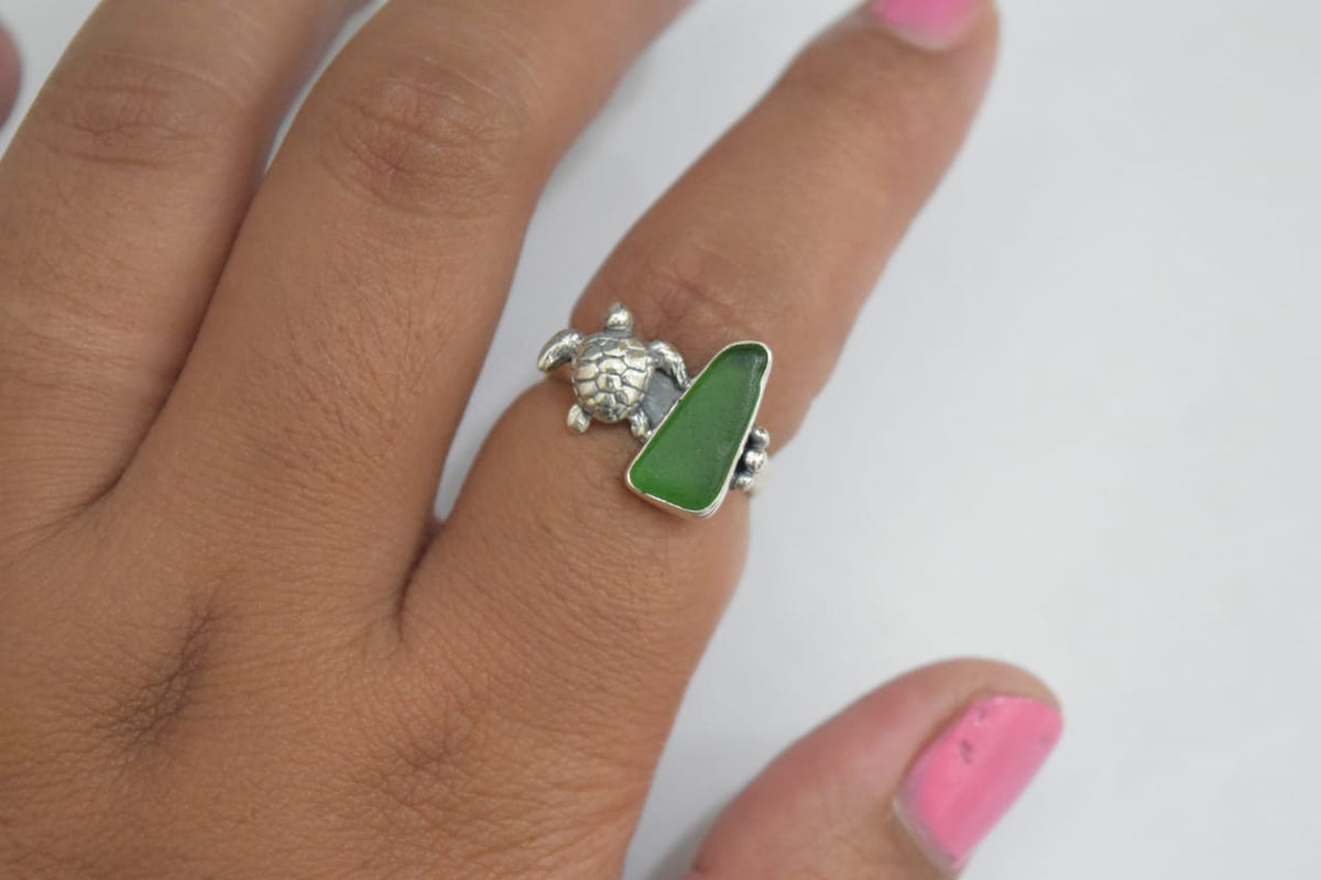 Seaglass Green + Turtle Ring .925 Sterling Silver