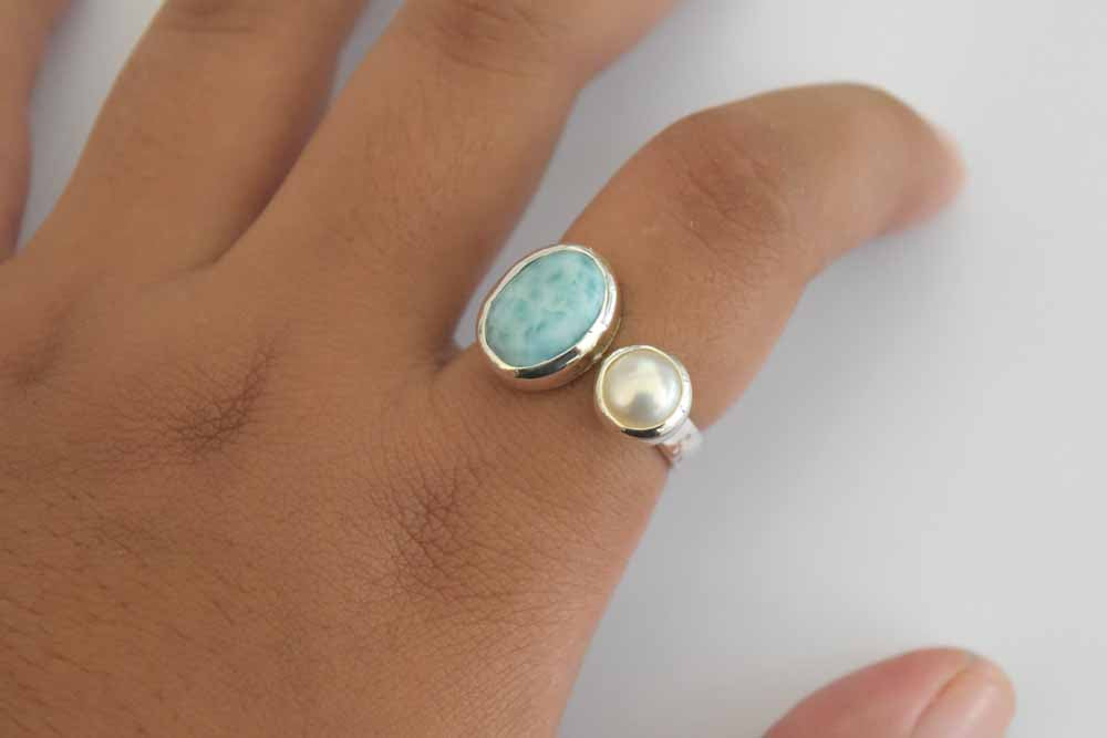 Larimar + Pearl Hammer Band Ring .925 Sterling Silver