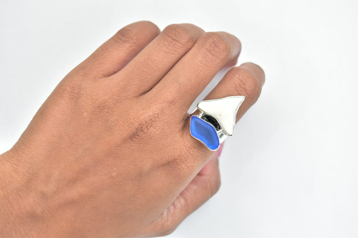 Seaglass Blue + Shark Ring .925 Sterling Silver