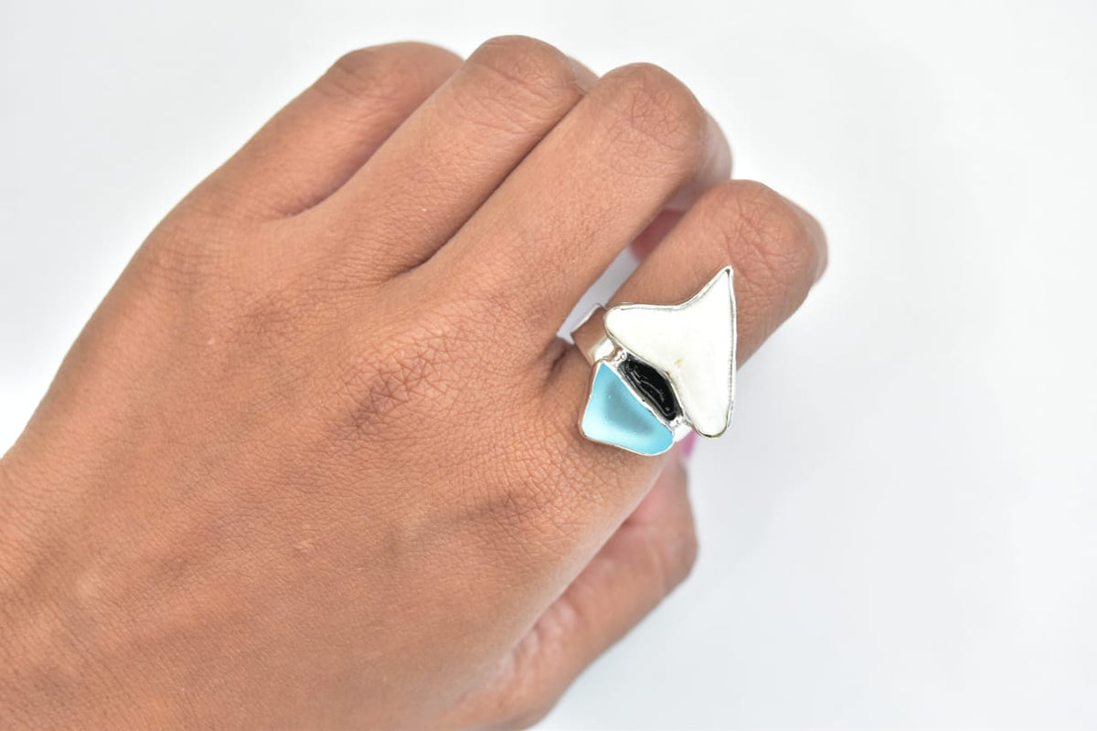 Seaglass Light Blue + Shark Ring .925 Sterling Silver