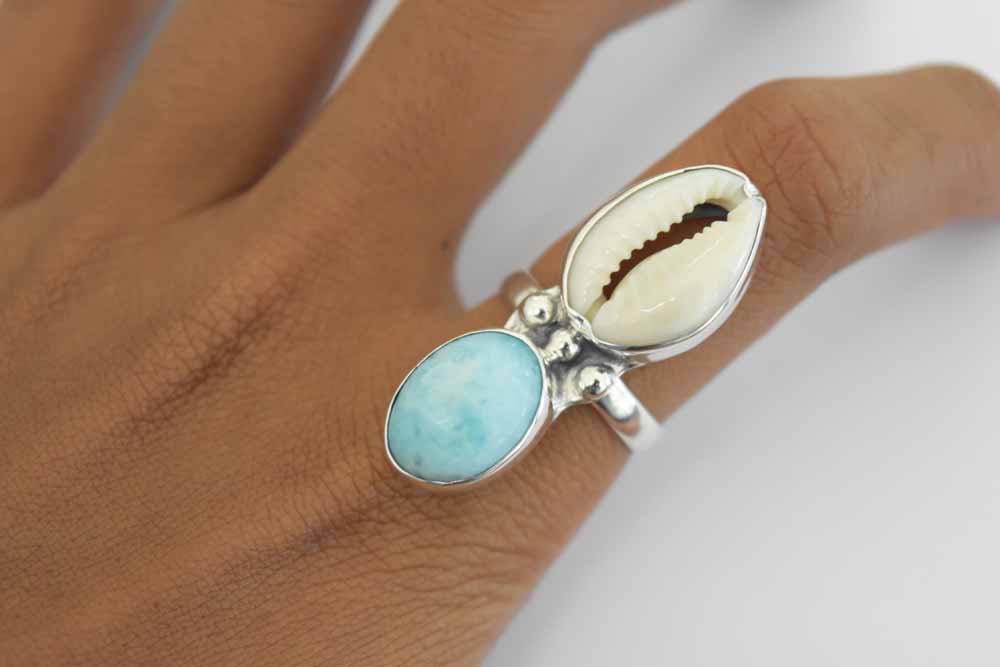 Cowrie Shell + Larimar Ring .925 Sterling Silver